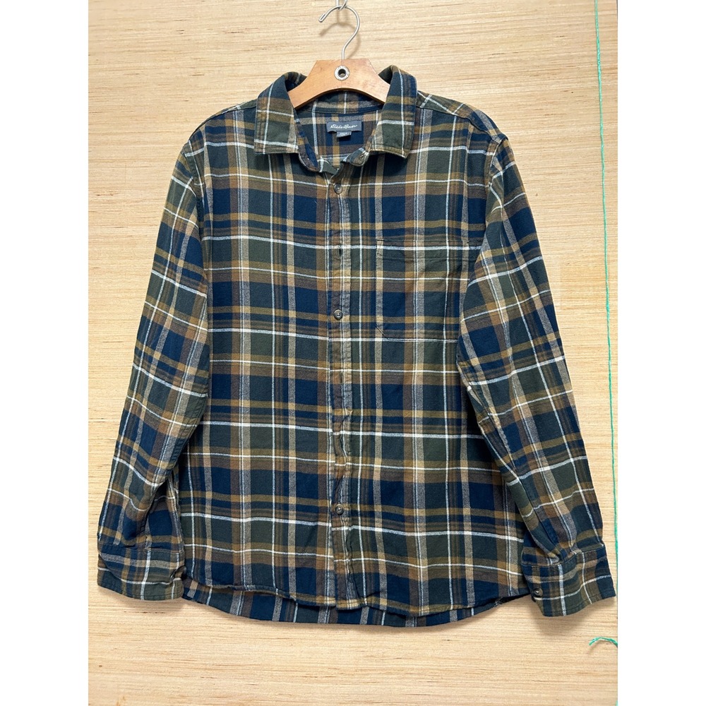 Eddie Bauer Mens Large Flannel Shirt Long Sleeve Plaid Green Blue Brown